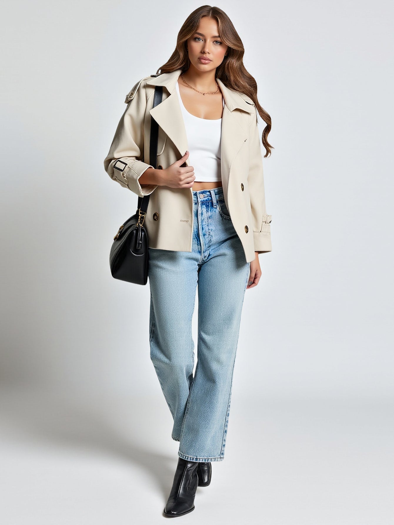 Women's Double-Breasted Jacket Waist-Cinching Windbreaker European American Style with Sleeves Fashion Trend