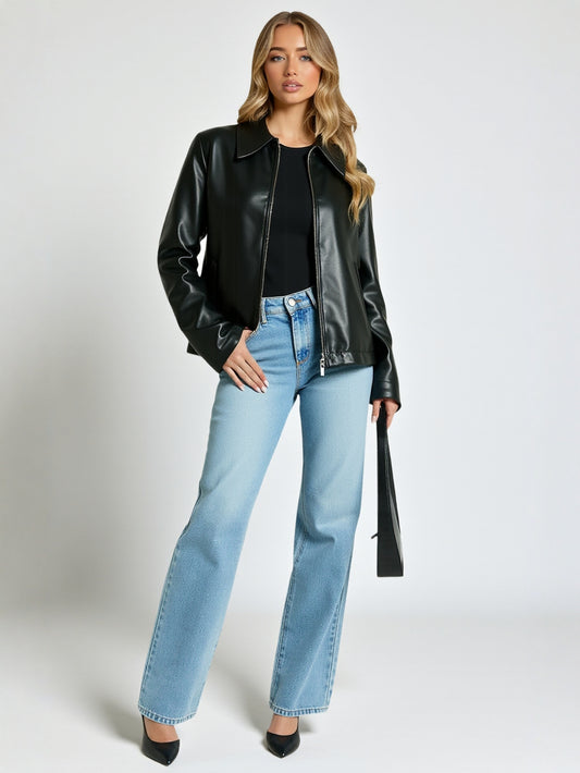 Women's Retro Lapel Zipper Leather Jacket Casual Style European And American Fashion for Ladies