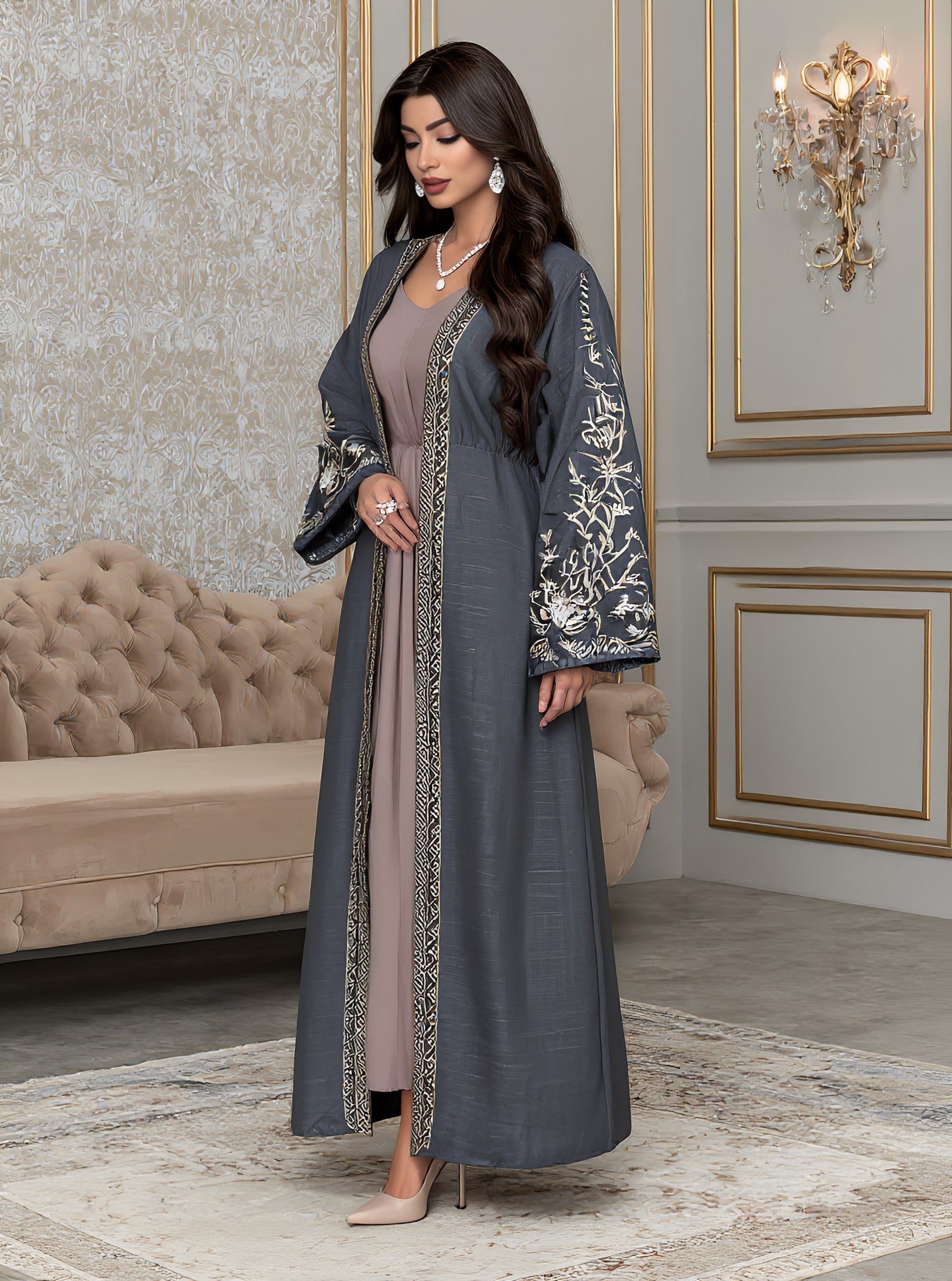 Casual Round Neck Long Sleeve A-Line Abaya Autumn Fashion Loose Fit Muslim Women's Traditional Long Robe Arabic Gown