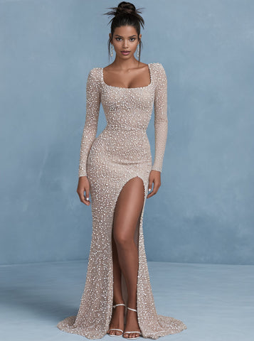 Autumn Tight Fit Party Dress With Square Collar And Straight Sleeve Long Gown Style A-Line Skirt Floor-Length Evening Gown