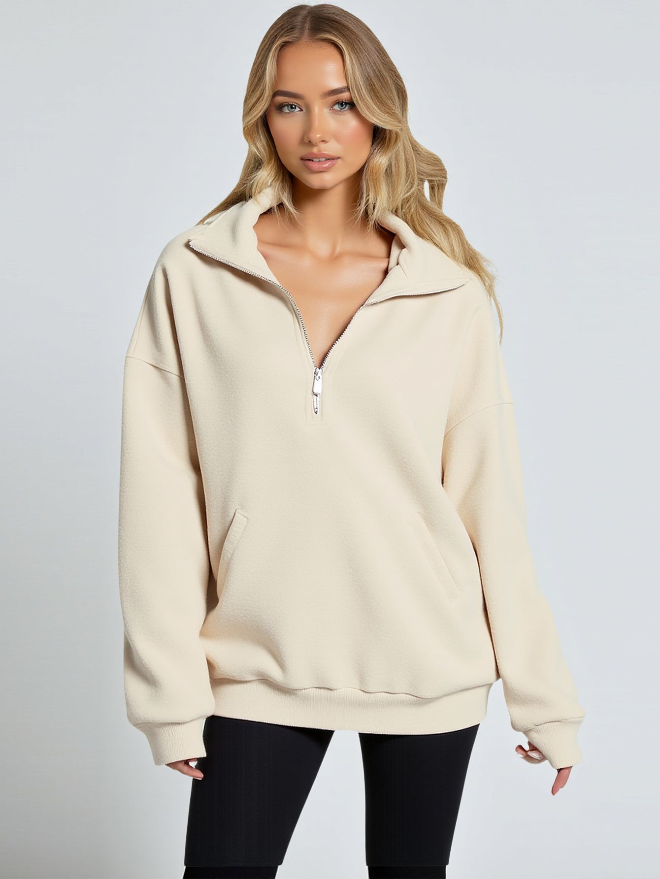 Boutique Women's Hoodie Autumn Casual 2025 Plain Stand Collar Long Sleeve Regular Fit Hip Length Daily Hoodie