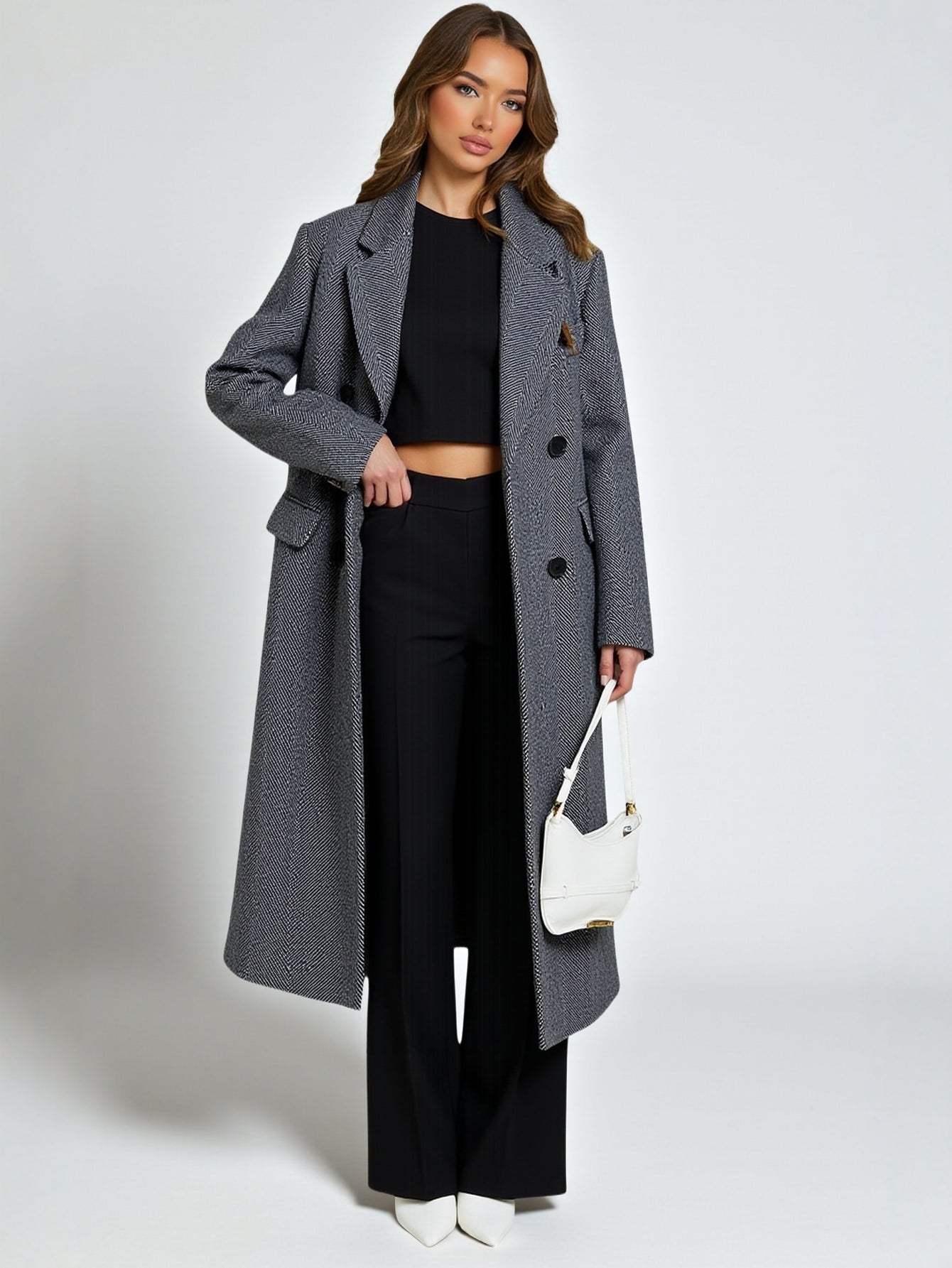 Women's Autumn Trench Coat K-Fashion Decent Solid Color Double Breasted Long Sleeve Lapel Long Trench Coat