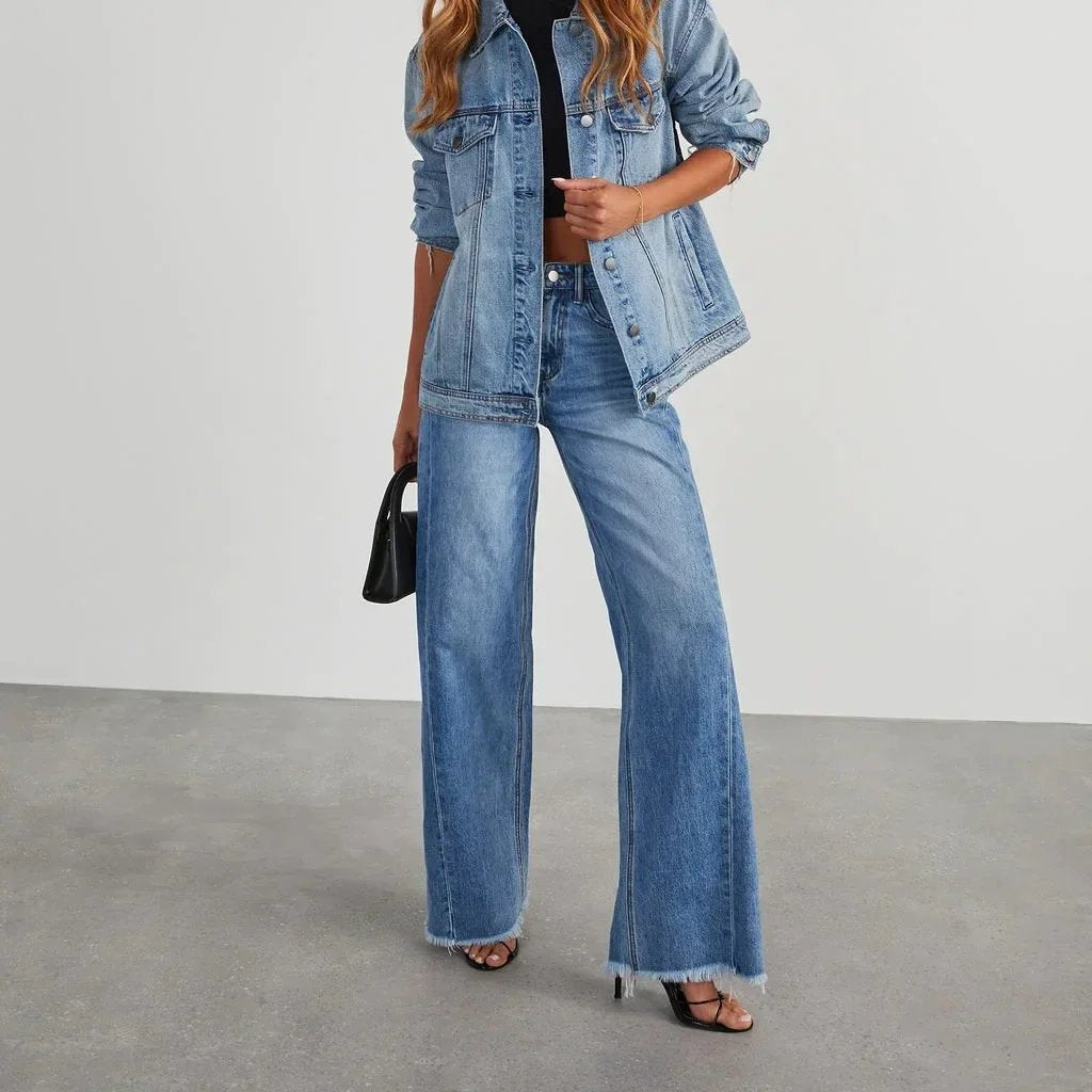 Women's Loose Wide Leg Jeans Side Stitched Hem Detail Fashion Casual Natural Waist Full Length Pants