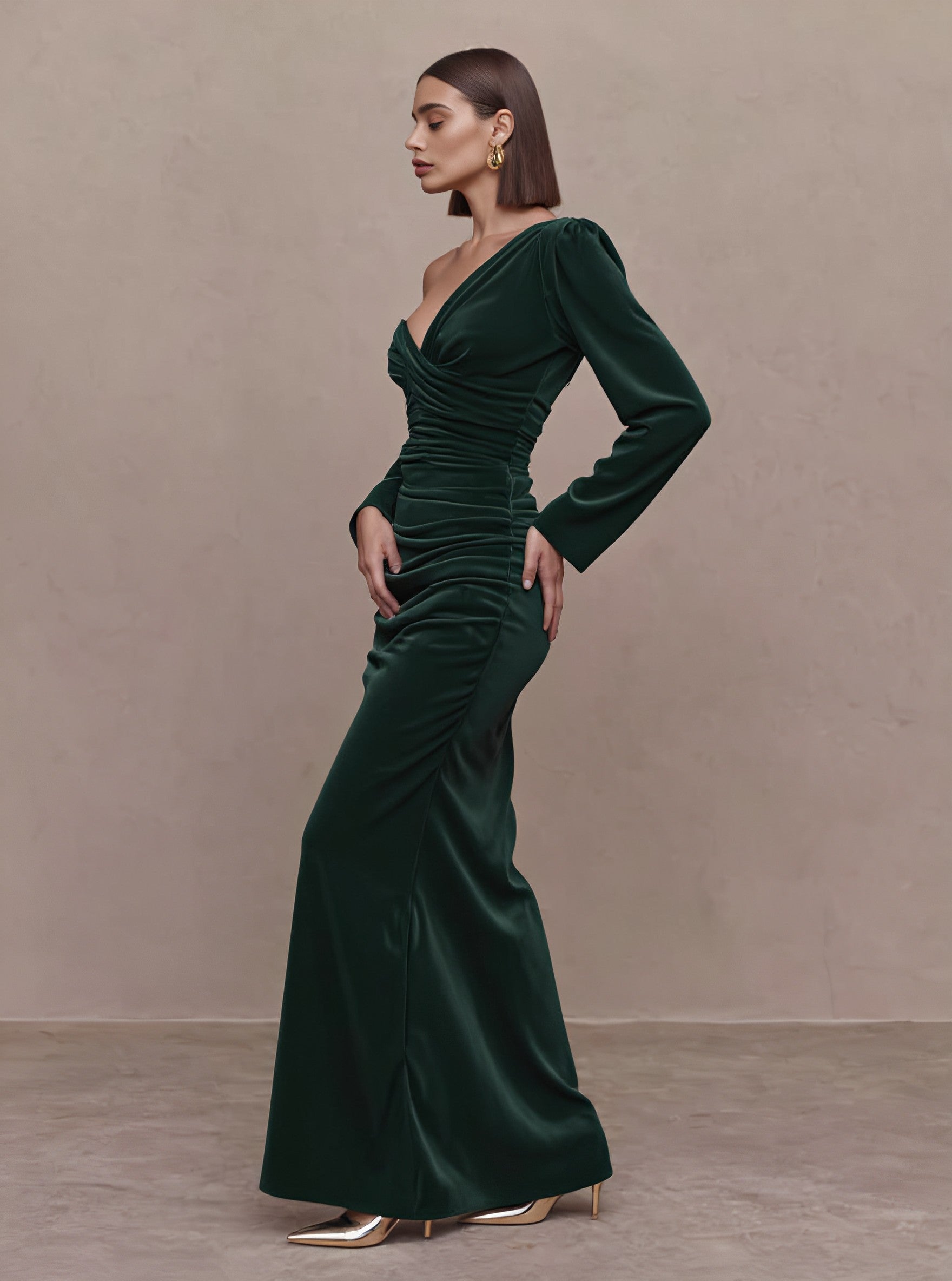 Autumn Asymmetrical Tight Fish Tail Gown With Lamb Sleeve Long Dragging Casual Style Women's Dress Fashionable Elegant