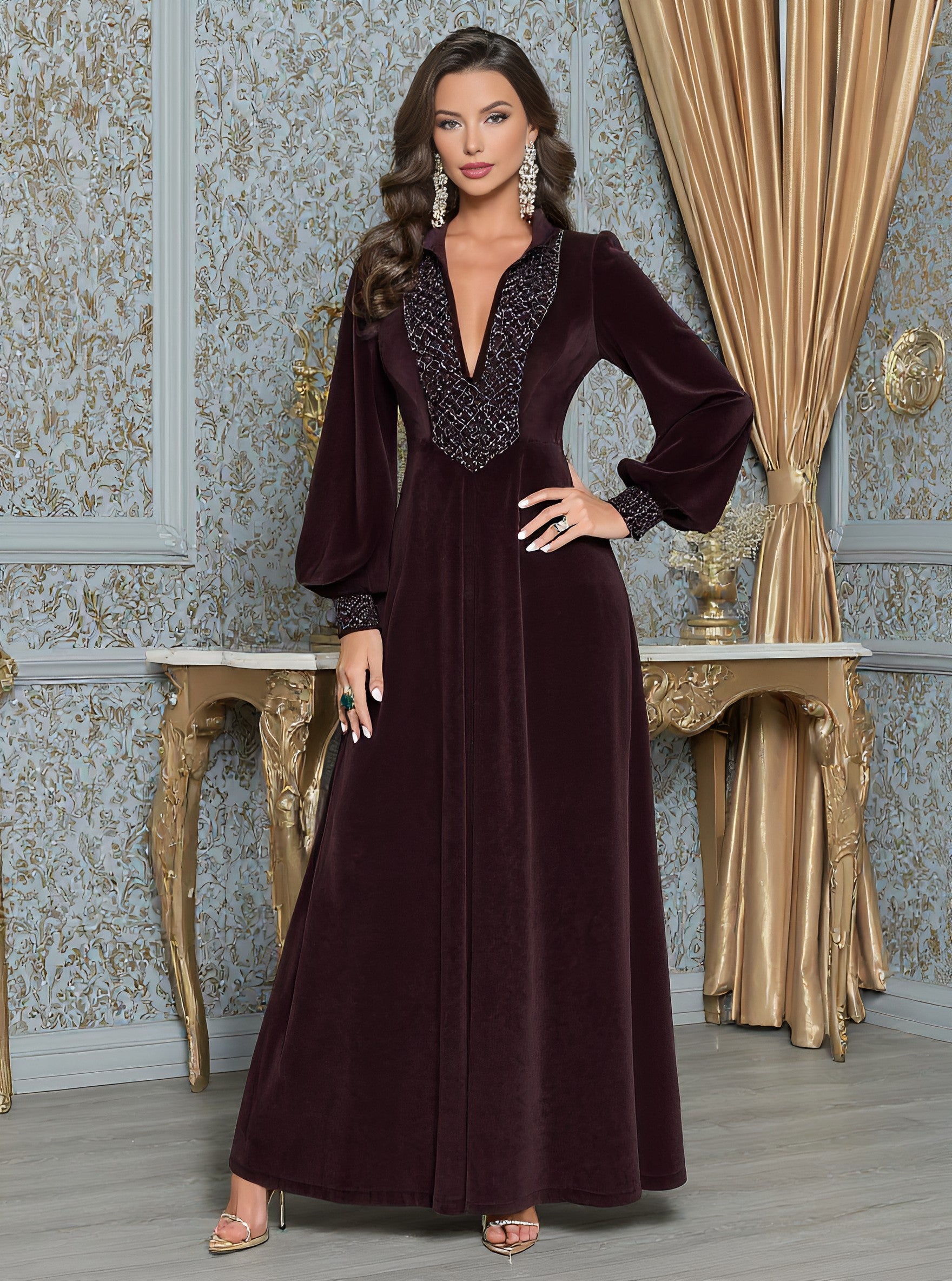 Autumn Casual Fit A-Line Dress Long Lantern Sleeve V-Neck Mid-Length Skirt Muslim Fashion Women's Dress