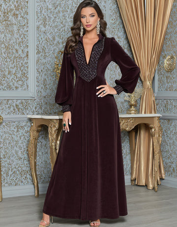 Autumn Casual Fit A-Line Dress Long Lantern Sleeve V-Neck Mid-Length Skirt Muslim Fashion Women's Dress