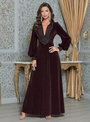 Autumn Casual Fit A-Line Dress Long Lantern Sleeve V-Neck Mid-Length Skirt Muslim Fashion Women's Dress