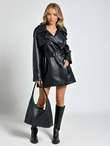 Women's Double-breasted Lapel Leather Coat High-End Tight Waist Casual Loose Fit Mid-Length for Autumn