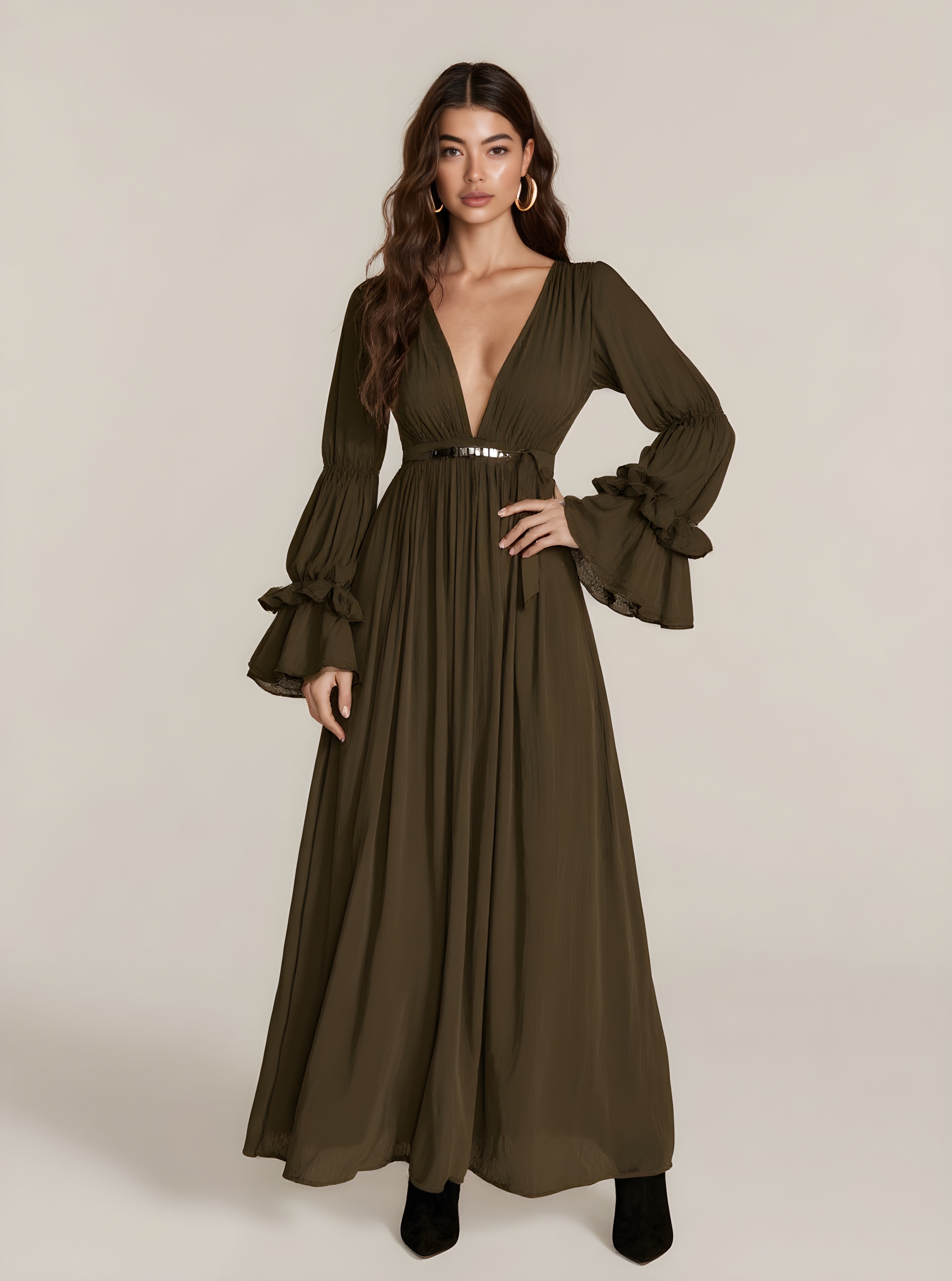 Autumn Dresses 2025 Women's Sexy Plain Long Flare Sleeve V-Neck Flounce Party Draped Midi A-Line Dresses
