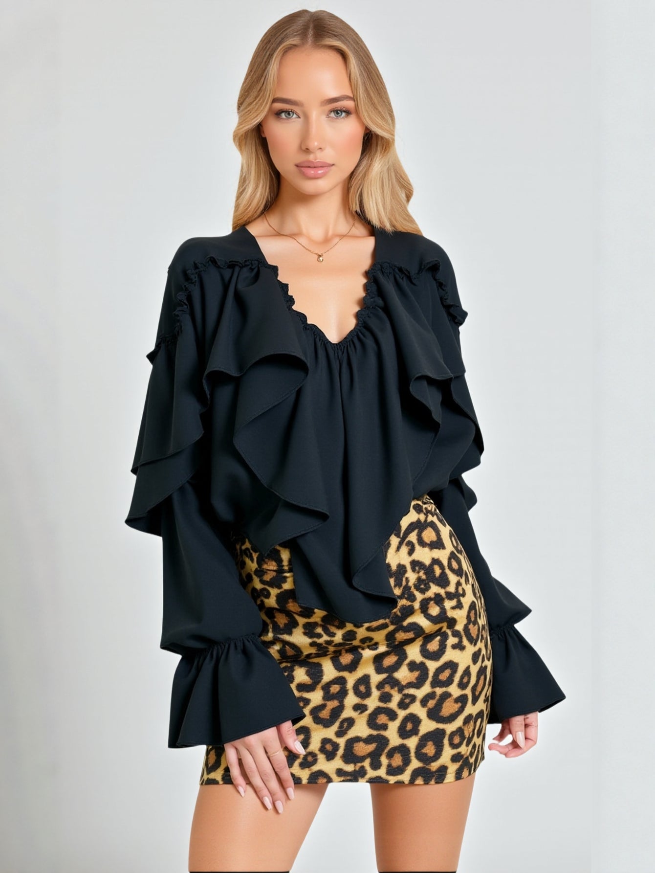 Women's Autumn French Elegant Solid Color Flounce Flare Sleeve V-Neck Casual Blouses