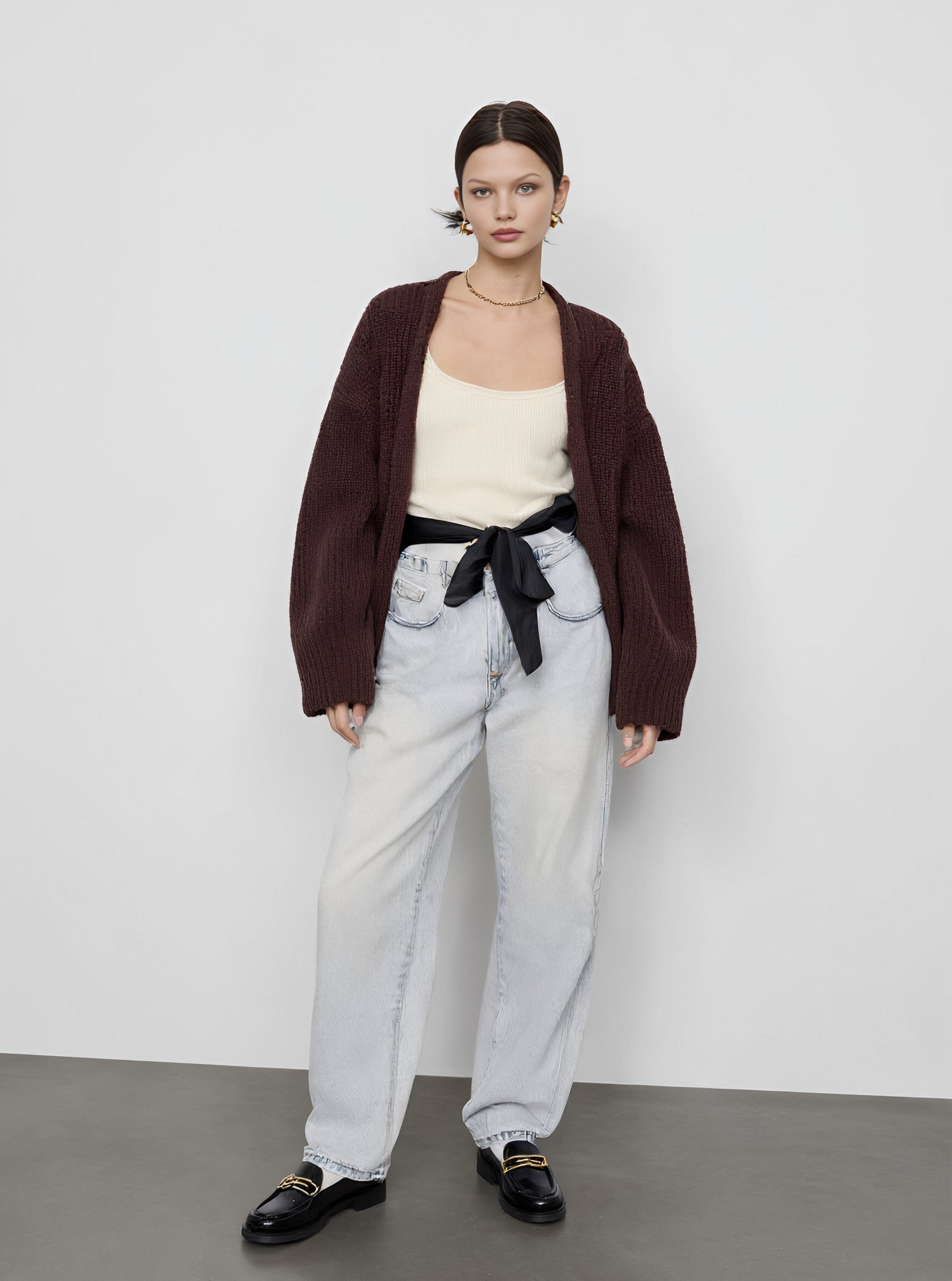 Loose Fit Long Sleeve Cardigan Winter Clothes Casual Style Regular Length Straight Tube Sleeve Women's Open Front Knitwear