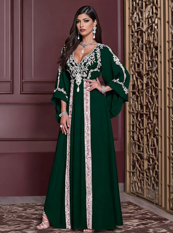 Autumn Casual Jalabiyas Long Dress V-neck Bell Sleeve A-line Skirt Style Muslim Fashion Arabic Robe Women's Clothing