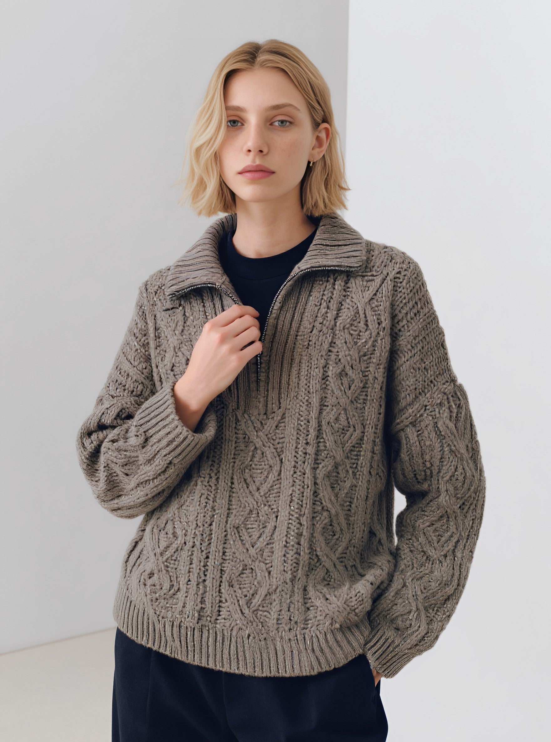 Loose Fit Long Sleeve Sweater Winter Clothes Casual Style Turn-down Collar Straight Tube Sleeve Regular Length Top For Women