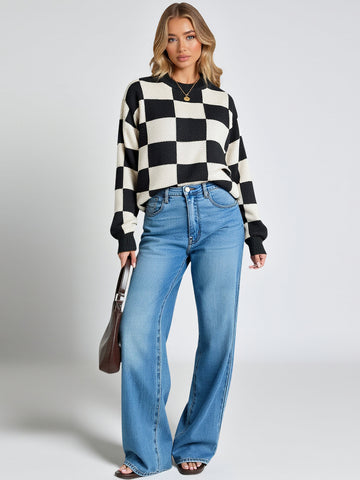 Autumn Winter Women's Sweater Chic Casual Contrast Color Plaid Long Sleeve Crew Neck Daily Sweater