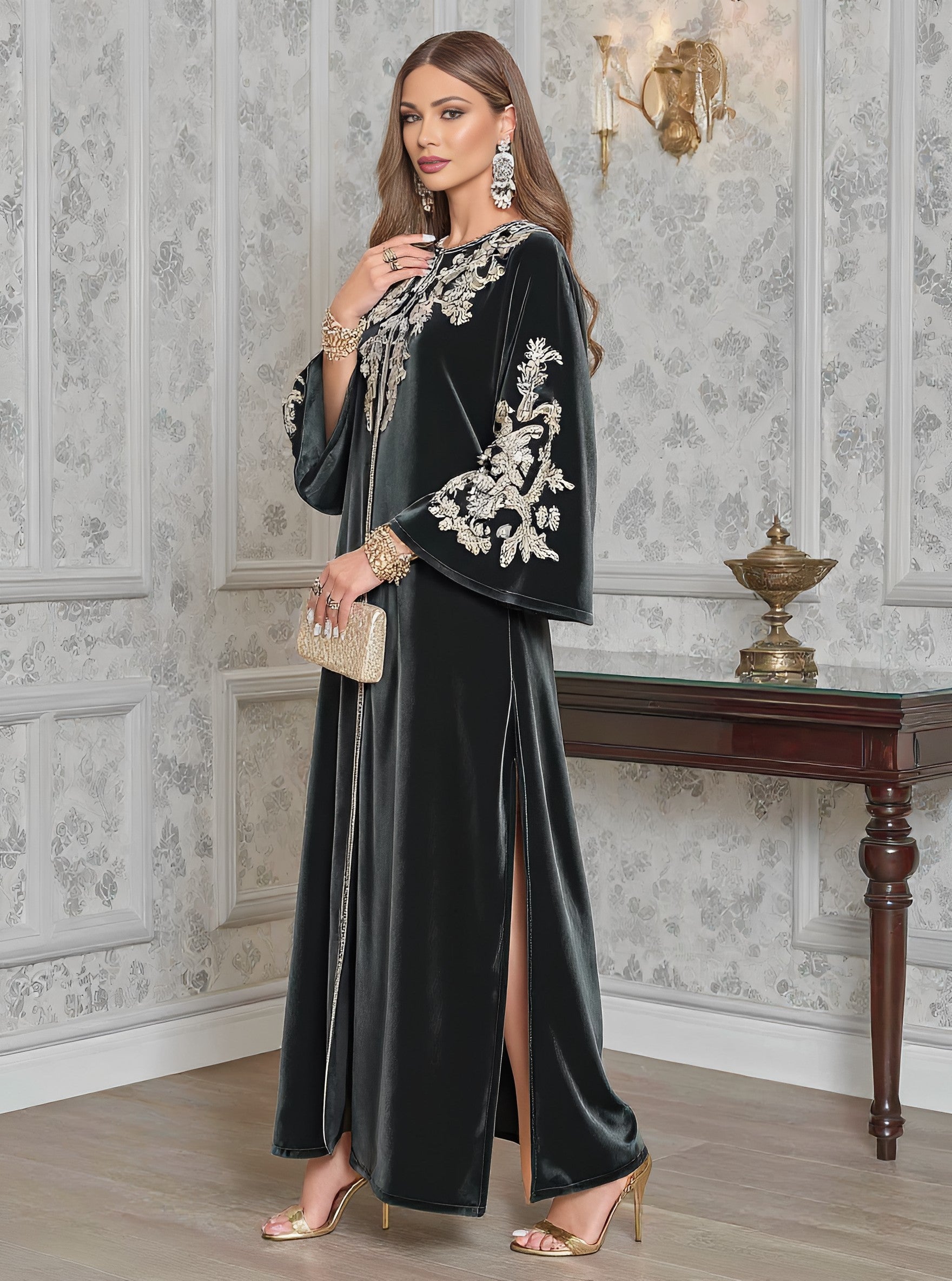 Autumn Jalabiyas Loose Fit Round Neck Sleeve Long Casual Arab Robe Women's Fashion Muslim Clothing A-Line Skirt Style