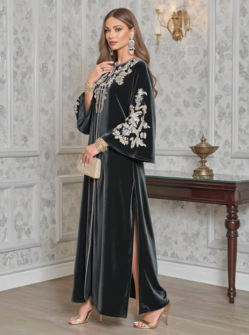 Autumn Jalabiyas Loose Fit Round Neck Sleeve Long Casual Arab Robe Women's Fashion Muslim Clothing A-Line Skirt Style