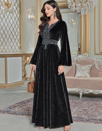 Autumn Long Dress Casual Style Split Neck A-Line Skirt Flounce Sleeve Body-Fitting Muslim Fashion Women's Dress