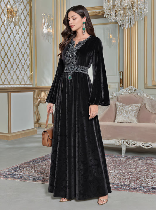 Autumn Long Dress Casual Style Split Neck A-Line Skirt Flounce Sleeve Body-Fitting Muslim Fashion Women's Dress