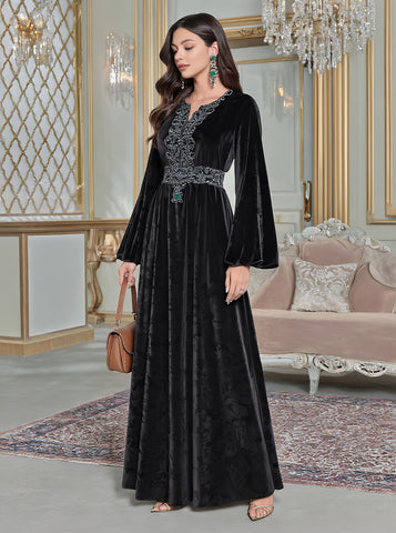 Autumn Long Dress Casual Style Split Neck A-Line Skirt Flounce Sleeve Body-Fitting Muslim Fashion Women's Dress