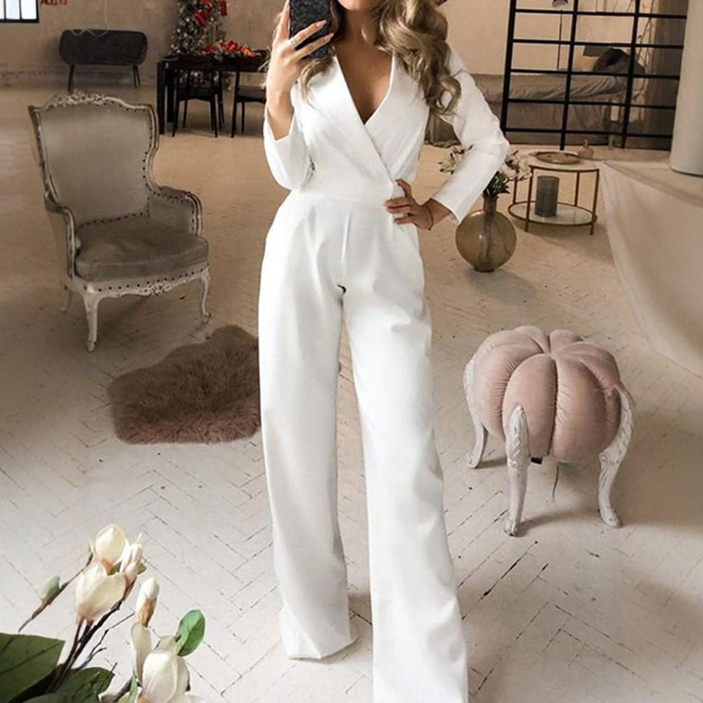 Autumn Women's Jumpsuits Decent Simple Solid Color Long Sleeve Lapel Full Length Straight Office Lady Jumpsuits