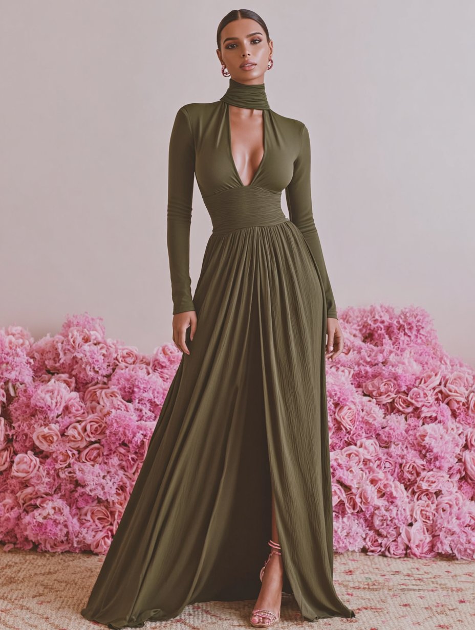 Women's Dresses Autumn Winter Fashion 2025 Plain Long Sleeve Halter Neck Maxi A-line Sexy Club Dresses