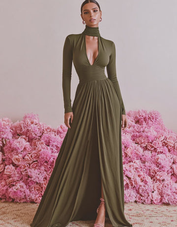 Women's Dresses Autumn Winter Fashion 2025 Plain Long Sleeve Halter Neck Maxi A-line Sexy Club Dresses