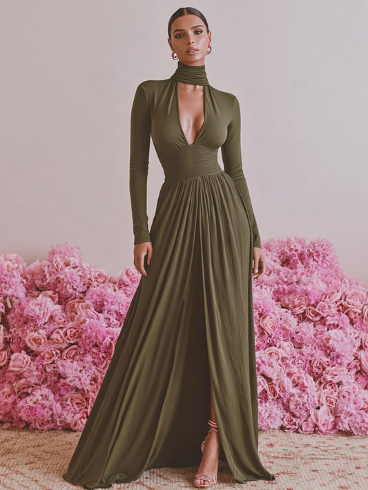 Women's Dresses Autumn Winter Fashion 2025 Plain Long Sleeve Halter Neck Maxi A-line Sexy Club Dresses