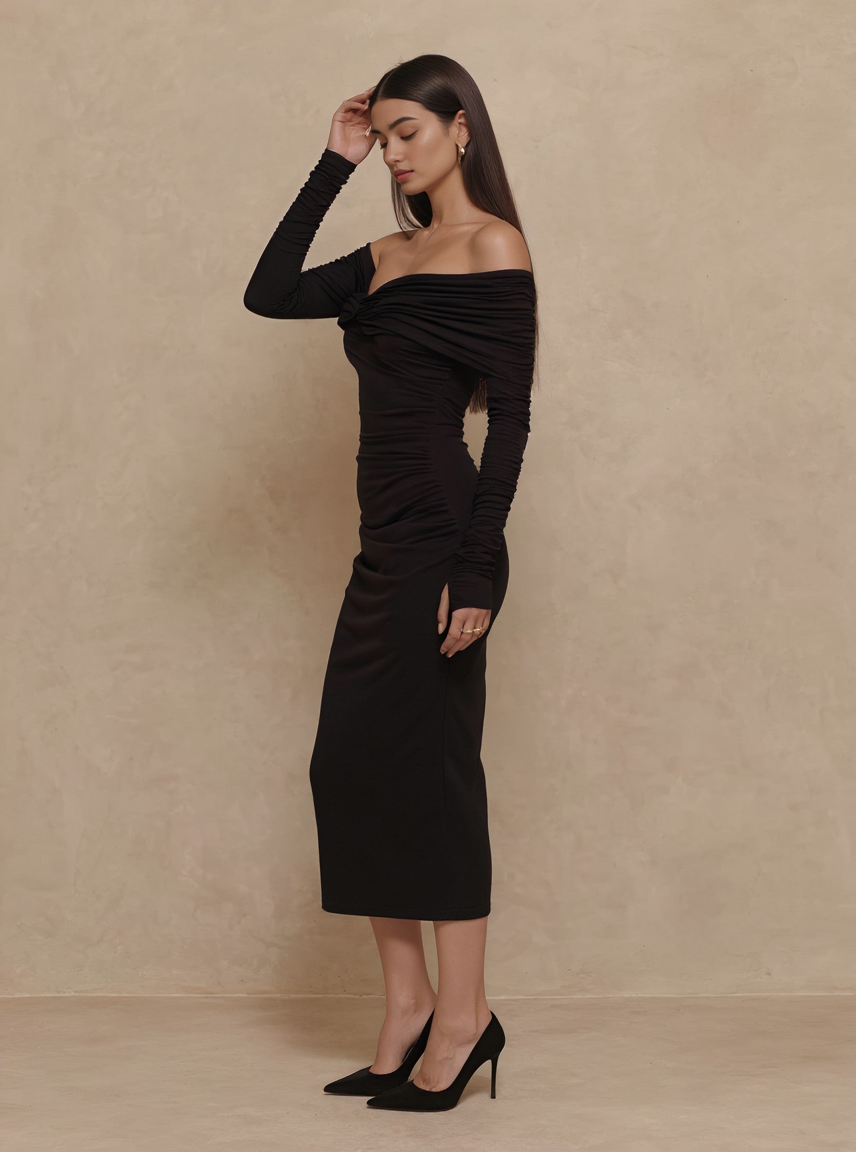 Autumn Tight Fit Mid-Length Dress With Shoulder Bows Straight Sleeve Casual Style Women's Fashion Skirt Type One Piece Dress
