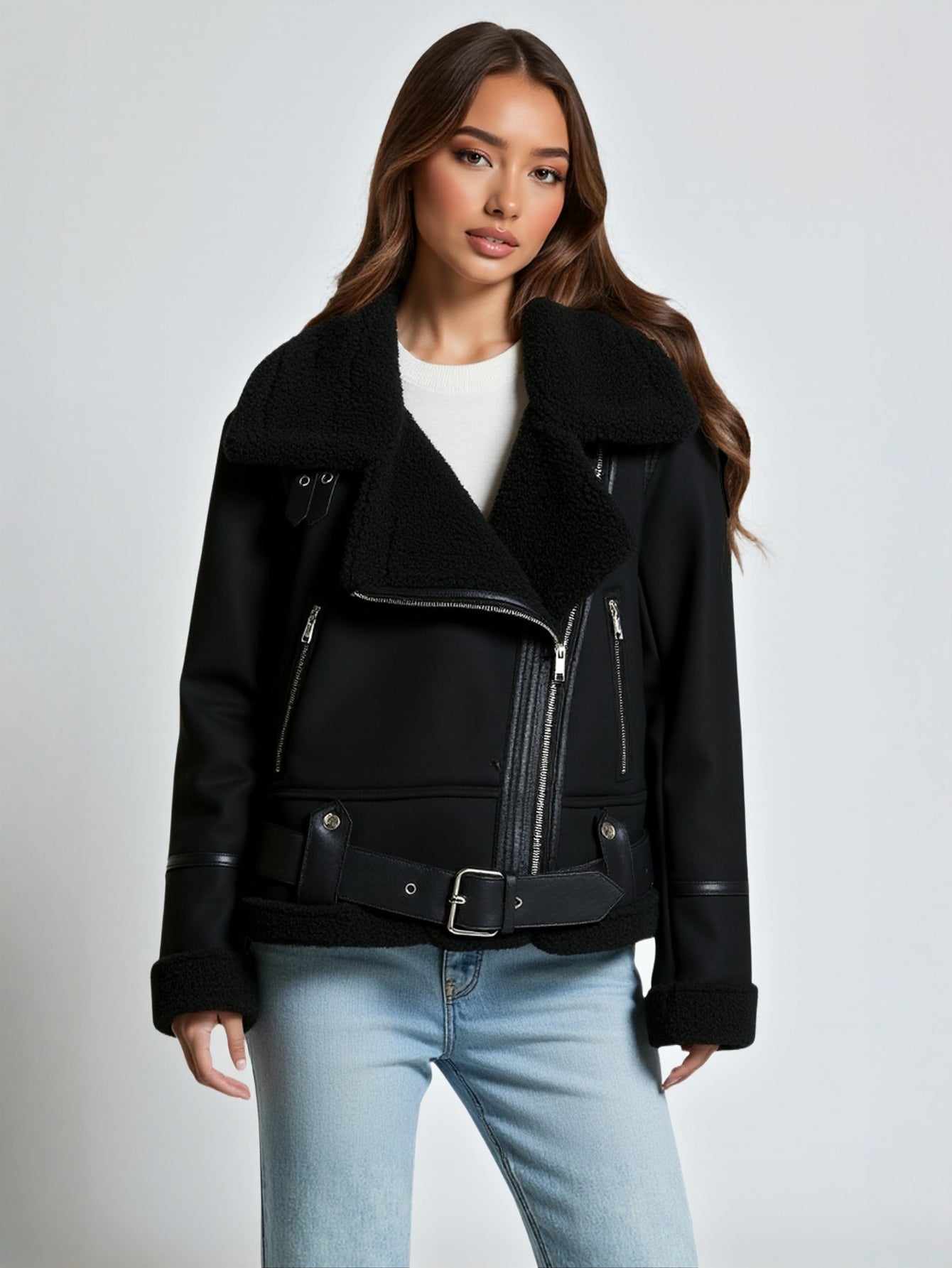 Women's Imitation Leather Fleece-Lined Thickened Warm Jacket European And American Style Cashmere Cotton Outerwear