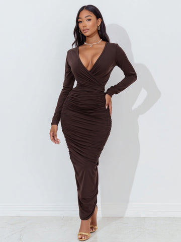 Women's 2025 Autumn Fashion Dresses Long Sleeve V-Neck Plain Party Skinny Fit Dresses