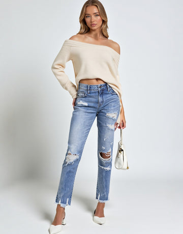 Women's Slim Fit Jeans Straight Pants Burr Hole Detail Fashion Natural Waist Ankle Straight Daily Pants