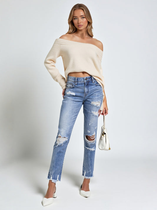 Women's Slim Fit Jeans Straight Pants Burr Hole Detail Fashion Natural Waist Ankle Straight Daily Pants