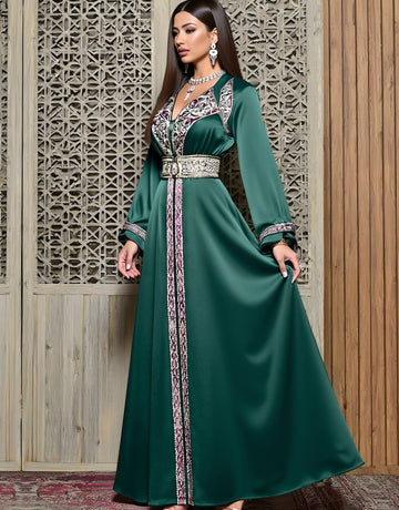 Autumn Jalabiyas Casual Long Dress V-neck Straight Sleeve Long Robe Muslim Fashion Arabic Gown Comfortable Fit A-line Skirt
