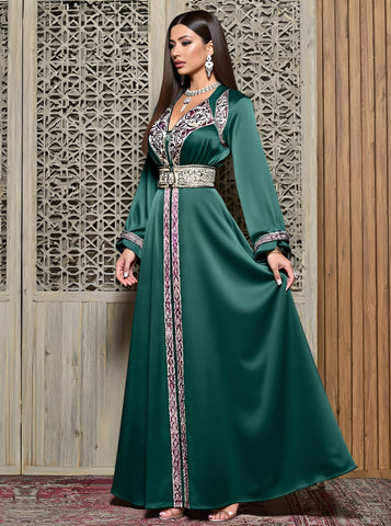 Autumn Jalabiyas Casual Long Dress V-neck Straight Sleeve Long Robe Muslim Fashion Arabic Gown Comfortable Fit A-line Skirt