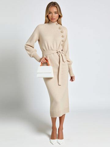 Women's Dresses Autumn Winter Skinny Fit Fashion Elegant Plain Lace-Up Button Long Sleeve Lapel Midi Casual Lettuce Trim Dresses