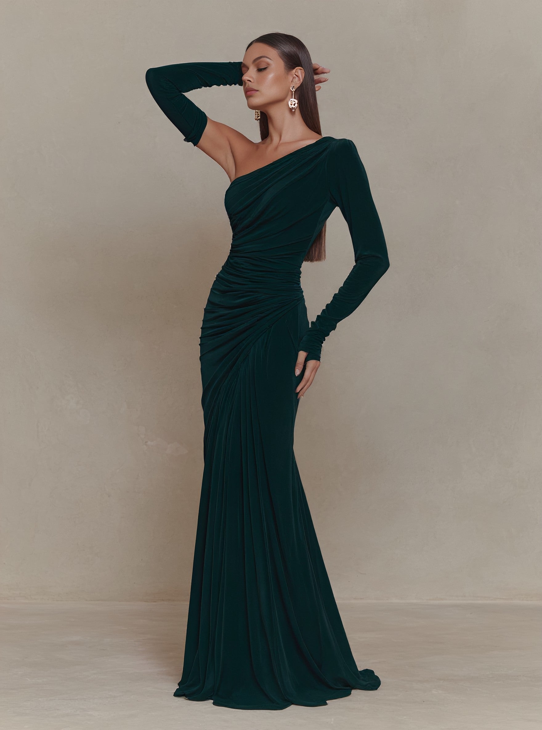 Autumn Long Gown Tight Fit A-Line Skirt Style Casual Dress Shoulder Oblique Straight Sleeve Long Floor-Length Dress