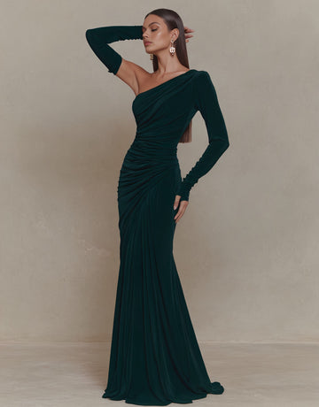 Autumn Long Gown Tight Fit A-Line Skirt Style Casual Dress Shoulder Oblique Straight Sleeve Long Floor-Length Dress