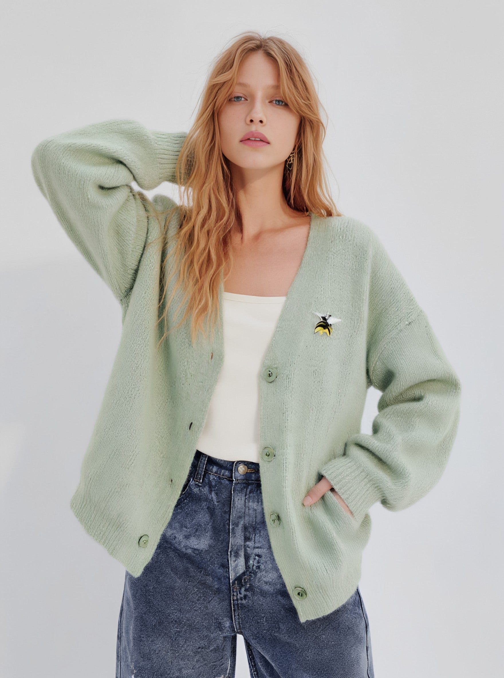 Winter Cardigan Loose Fit Long Sleeve Straight Tube Sleeve Casual Style Regular Length Women's Open-Shirt