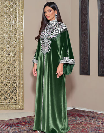 Loose Fit Kaftan Long Dress Autumn Fashion Skirt Stand Collar Pleated Sleeve Casual Style Women's Muslim Arab Robe