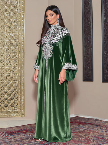 Loose Fit Kaftan Long Dress Autumn Fashion Skirt Stand Collar Pleated Sleeve Casual Style Women's Muslim Arab Robe