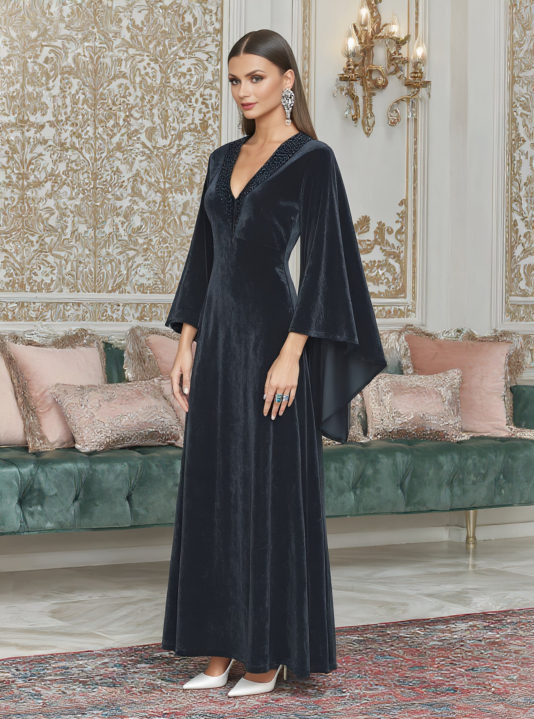 Casual Mid-Length Dress With Pleated Sleeves And V-Neck Design For Autumn Season Body-Fitting Muslim Fashion Dress