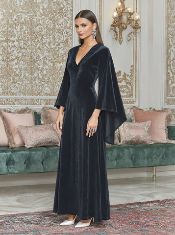 Casual Mid-Length Dress With Pleated Sleeves And V-Neck Design For Autumn Season Body-Fitting Muslim Fashion Dress