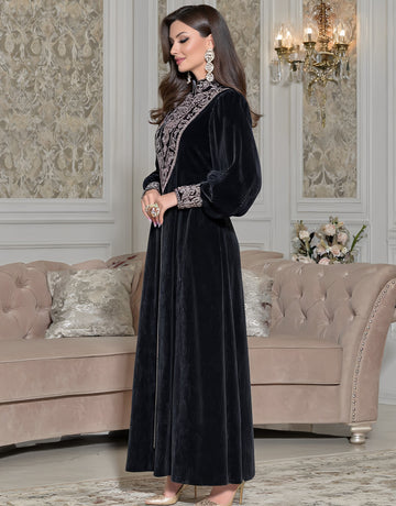 Autumn Casual Jalabiyas Long Gown With Stand Collar And Lantern Sleeves Body-Fitting A-Line Skirt For Women Muslim Fashion