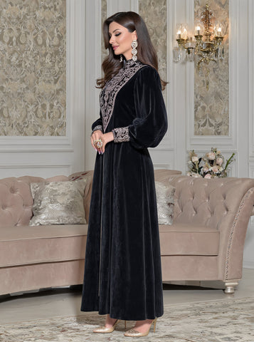 Autumn Casual Jalabiyas Long Gown With Stand Collar And Lantern Sleeves Body-Fitting A-Line Skirt For Women Muslim Fashion