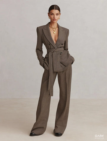 Women's Autumn Sets Casual Basics Solid Color Long Sleeve Lapel Blazers Natural Waist Full Length Straight Sets