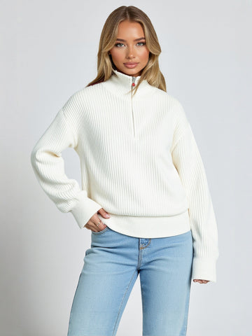 Women's Half Zipper Pit Stripe Base Sweater Loose Slimming Early Autumn Winter Outerwear Innerwear Fashion Top