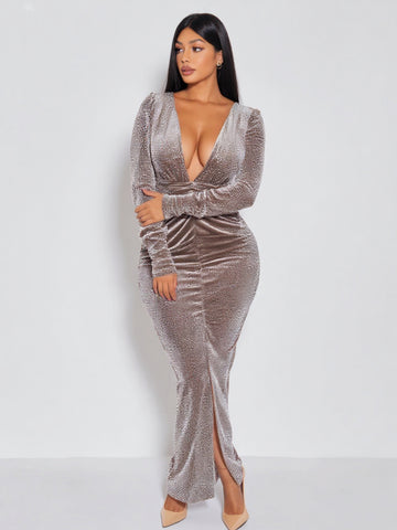 2025 Autumn Women's Dresses Sexy Plain Long Sleeve Plunge Neck Ruched Slit Elegant Maxi Mermaid Evening Dress