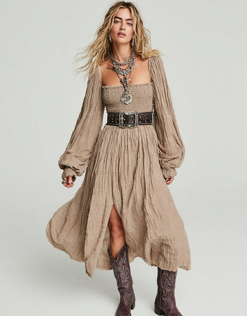 Casual Square Neck Midi Dress Autumn Fit A-Line Skirt Lantern Sleeve Length Body Shape Women's Fashion Dress