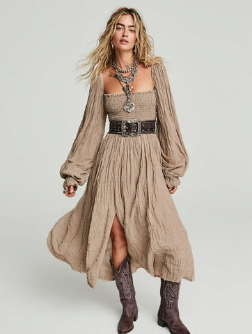 Casual Square Neck Midi Dress Autumn Fit A-Line Skirt Lantern Sleeve Length Body Shape Women's Fashion Dress