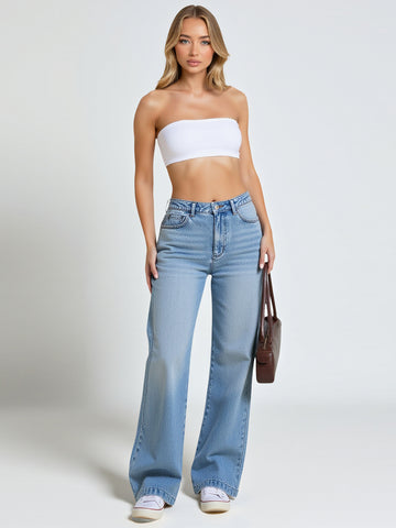 Jeans Summer Casual Simple Solid Color Button Natural Waist Full Length Straight Daily Jeans For Women